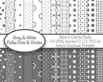 Gray & White Polka Dot Patterns, Gray Circle Craft Paper Set, Journal Paper Pack, Commercial Use, Medium Gray Pattern, Background Paper
