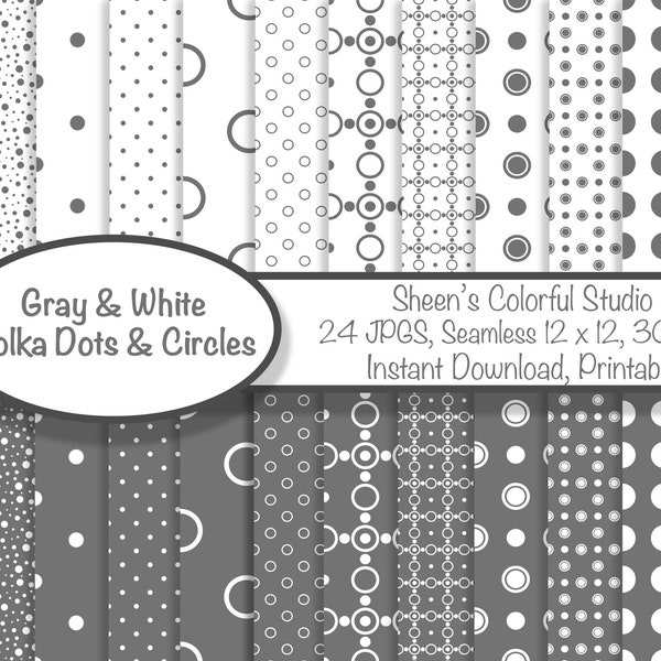 Gray & White Polka Dot Patterns, Gray Circle Craft Paper Set, Journal Paper Pack, Commercial Use, Medium Gray Pattern, Background Paper