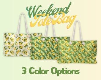 Lemon Print Weekend Tote, Yellow Green Work Tote Bag, Oversized Tote Bag, Yellow and Green Beach Bag, Weekender Bag
