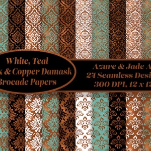 May include: A set of 24 digital paper designs featuring damask patterns in white, teal, black, and copper. The papers are 300 DPI and 12 inches by 12 inches.