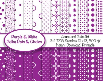 Purple & White Polka Dot Patterns, Violet Circle Craft Paper Set, Journal Paper Pack, Commercial Use, Dark Purple Pattern, Background Paper