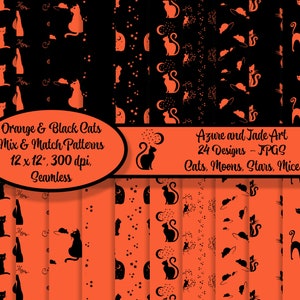 Fun Halloween Orange and Black Cat Seamless Patterns | Set of 24 ...