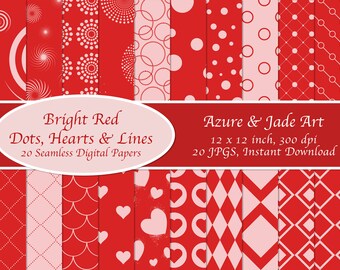 20 Bright Red Design JPGS, Seamless Hearts Circles Diamonds, Lines, Instant Download, Commercial Use, Craft Paper, Digital Download