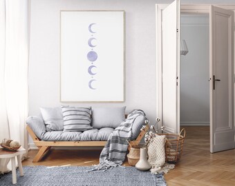 Moon Phases Minimalist Print - Digital Download - Celestial Watercolor Blue Moon Poster - Moon Cycle - Multiple Sizes - White Boho Art