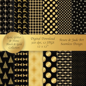 12 Gold and Black Holiday Paper Set, Seamless Christmas Pattern, Glitter Shiny Digital Paper, Christmas Craft Designs, Trees, Stars, Deer,