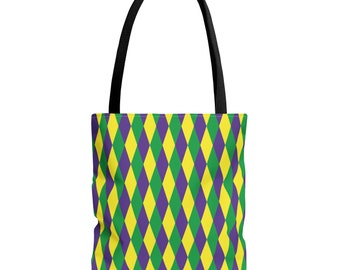 New Orleans Mardis Gras Tote Bag, Mardis Gras Shoulder Tote, Fat Tuesday, Purple Yellow Green, Diamond Pattern Print,