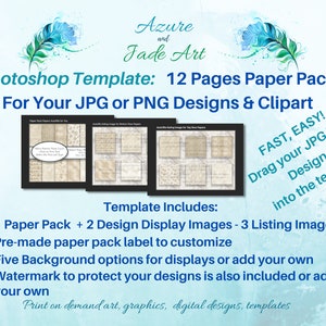 Op de afbeelding: Photoshop-sjabloon voor het maken van 12-pagina's papierpakketten voor JPG- of PNG-ontwerpen en clipart. De sjabloon bevat een papierpakket, ontwerpweergaveafbeeldingen, een vooraf gemaakt label, achtergrondopties en een watermerk. "SNEL, GEMAKKELIJK! Sleep je JPG/PNG-ontwerpen naar de sjabloon!"