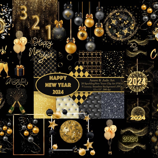 2024 New Years Clip Art Set | Glam Gold Black 20 Clips + 9 Seamless Backgrounds | Gold Glitter Diamonds| Digital Download | Celebration 2024