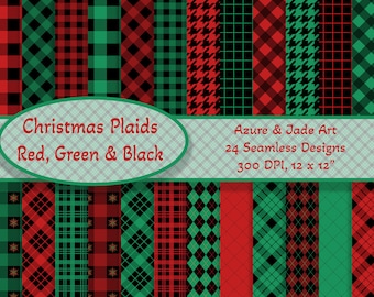 May include: 24 digital paper designs featuring red, green, and black plaid patterns. The designs are seamless and perfect for crafting projects.  Christmas Plaids Red, Green & Black. Azure & Jade Art. 24 Seamless Designs. 300 DPI, 12 x 12"