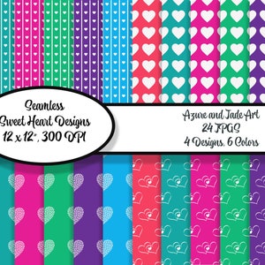 May include: A set of 24 digital paper designs featuring four different patterns of white hearts on a variety of colored backgrounds. The patterns include vertical stripes, horizontal stripes, polka dots, and a more intricate heart design. The papers are 12 inches by 12 inches and 300 DPI.