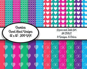 Bright Colors Paper Pack Heart Set, Valentines Day, Sweetheart patterns, 4 Patterns, 6 Colors, Mix and Match, X's O's, 24 JPGS, Seamless,