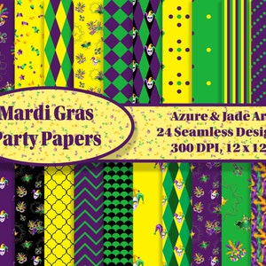 Mardi Gras Paper,  Beads Masks Jesters, Purple Green Gold,  24 Seamless Papers, Mardi Gras Digital Paper, Decorations, Mardi Gras Art