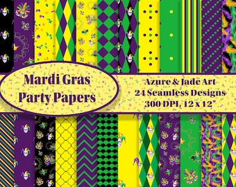 Mardi Gras Paper,  Beads Masks Jesters, Purple Green Gold,  24 Seamless Papers, Mardi Gras Digital Paper, Decorations, Mardi Gras Art