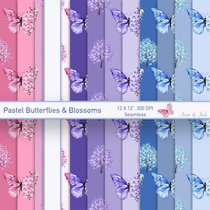 12 pacchetti di carta digitale pastello, farfalle e fiori di ciliegio, rosa pastello, azzurro, viola, download istantaneo, motivo floreale, farfalla