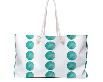 Teal Green Dots with White Tote Bag, Women's Weekender Tote, Summer Beach Bag, Carry-on Bag, Rope Handles, Green and White Overnight Tote