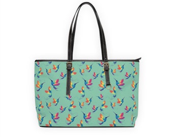 Mint Green Tote Bag with Colorful Hummingbirds, Animal Print Large Purse,  Multi-purpose Tote, Bird Lover Gift, Sturdy Purse, Birds