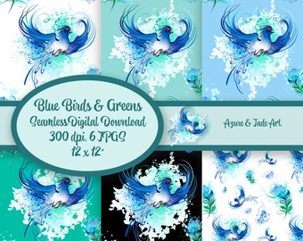 Blue Green Seamless Pattern, BlueBird Print, Blue Teal Papers,  6 Digital JPGs 1 PNG, Scrapbooking paper, Instant Download, Ocean Aqua Color