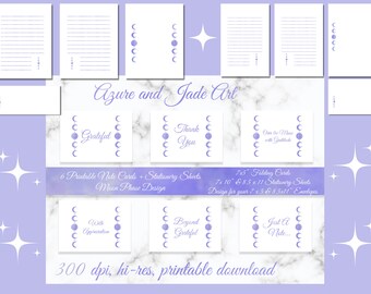 Printable Note Cards & Stationery Set | Lilac Moon Phase Watercolor | Thank You Notes with Envelope Design | Instant Download | PNG Hi Res