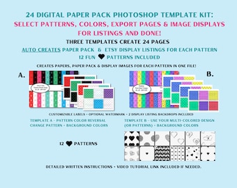 Digital Paper Pack Creation Kit: 3 Photoshop Templates, 12 Heart Patterns (Digital Download)