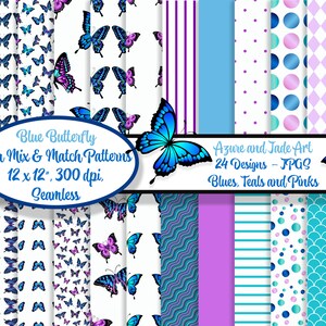 24 Butterfly Mix Match Papers, Download digitale, Farfalle blu, Farfalla viola rosa, JGS senza soluzione di continuità, Teal Pink Blue, Bolla, Commerciale
