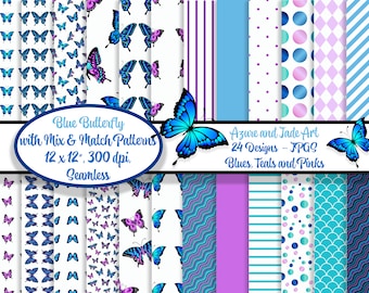24 Butterfly Mix Match Papers, Digital Download, Blue Butterflies, Pink Purple Butterfly, Seamless JPGS, Teal Pink Blue, Bubble, Commercial