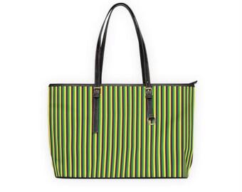 Mardi Gras Stripes Tote Bag, Faux Leather Purse with Yellow, Green Purple Stripe, Travel Tote, Carnival Festival Bag, Cute PU Leather Tote