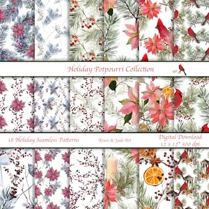 Könnte beinhalten: Ein Set mit 18 digitalen nahtlosen Mustern mit festlichen Motiven. Die Muster beinhalten rote Kardinäle, Weihnachtssterne, Kiefernäste, Beeren und Orangen. Die Muster sind 30,5 cm x 30,5 cm groß und haben eine Auflösung von 300 dpi.
