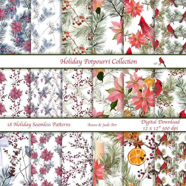 18 Vintage Christmas Papers, Seamless Holiday Patterns, Cardinals, Red Berries, Citrus, Poinsettias, Wreaths, Potpourri,  Vintage Design