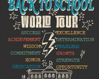 May include: A graphic design with the text "BACK TO SCHOOL WORLD TOUR" in blue and white. The design includes stars, a lightning bolt, a school building illustration, and words like "SUCCESS" and "ACHIEVEMENT" in various colors.