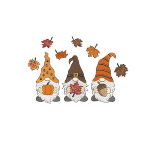 Gnomes Autumn Machine Embroidery Design, Three Fall Gnome Embroidery File