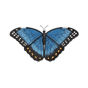 Könnte beinhalten: Gestickter blauer Schmetterling mit schwarzen und goldenen Akzenten. Der Schmetterling hat weiße Punkte auf seinen Flügeln.