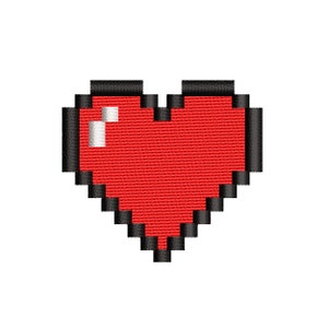 May include: A pixelated red heart with a black outline. The heart is made of small squares.