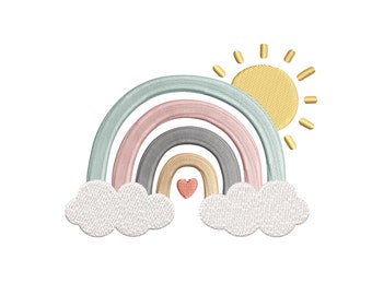 May include: A rainbow with five layers of color, including teal, pink, gray, beige, and a red heart in the center. The rainbow is surrounded by two white clouds and a yellow sun with rays.
