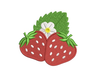 Diseño de bordado de fresas, fresa roja con hoja, patrón de bordado a máquina, 4 tamaños, descarga instantánea