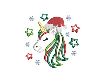 Christmas Unicorn Embroidery Design, Xmas Santa Hat Embroidery File , 6 Sizes, Instant Download
