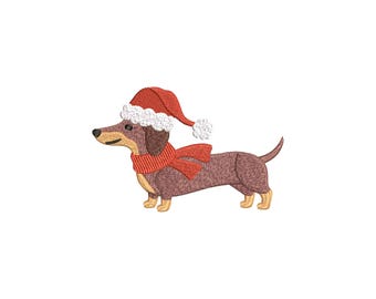 May include: A brown dachshund dog wearing a red Santa hat and scarf. The dog has a long body, short legs, and a curved tail. The Santa hat has a white trim and a white pom-pom. The scarf is also red.