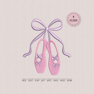 May include: Embroidered design of two pink ballet pointe shoes tied together with a lavender ribbon and bow. A small pink circle with the text "8 SIZES" is in the upper right corner. The bottom of the image contains embroidery file formats.