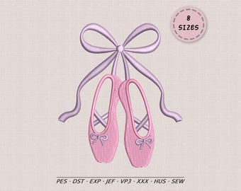 Ballerina Slippers Embroidery Design, Ballet Shoes with Bow Embroidery File, 8 Sizes