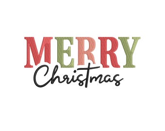 May include: A colorful embroidery design with the text "Merry Christmas" in a festive font. The word "Merry" is in red, green, and pink, while "Christmas" is in black.