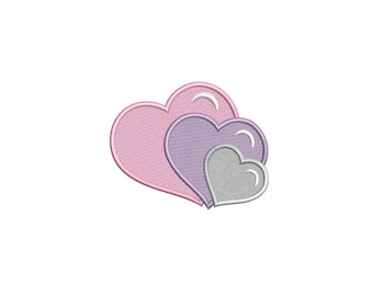 Three Hearts Embroidery Design, Full Fill Stitch Digital Embroidery, 6 Sizes