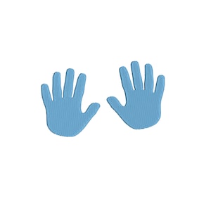 May include: Two blue fabric handprints, one on the left and one on the right, against a white background.