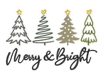 Christmas Trees Machine Embroidery Design, Merry & Bright Embroidery File, Instant Download, 4 sizes