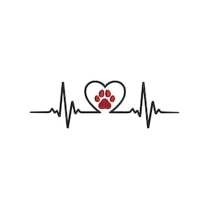 May include: An embroidered design featuring a black heartbeat line that forms a heart shape in the center. Inside the heart is a red paw print. The embroidery is rendered with a textured stitch pattern against a plain white background.