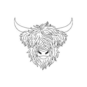 Puede incluir: Dibujo lineal en blanco y negro de la cabeza de una vaca de las Highlands. La vaca tiene pelo largo y lanudo, cuernos grandes y una nariz prominente. La imagen es una ilustración sencilla pero detallada del animal.