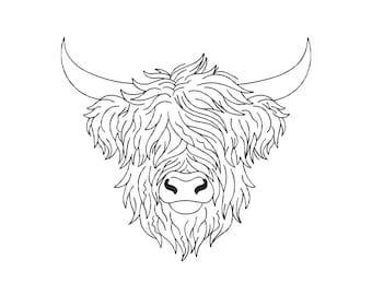 Highland Cow Embroidery Design,  Scottish Farm Animal Embroidery File, 4 Sizes, Instant Download