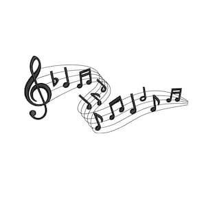音符付きト音記号機械刺繍デザイン、ピアノキー音楽アイコン付きメロディーウェーブワイン、刺繍ファイル、4サイズ