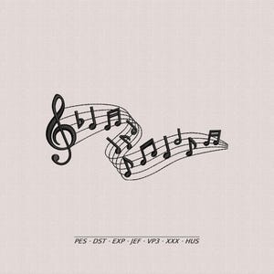 Pode incluir: Notas musicais pretas e uma clave de sol fluem pela imagem sobre um fundo bege claro. As notas musicais estão em uma pauta, criando um padrão fluido em forma de onda. A imagem inclui o texto: PES, DST, EXP, JEF, VP3, XXX, HUS.