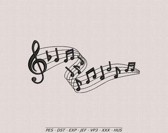 Music Notes Embroidery Design, Treble Clef Melody Musical Wave Line Embroidery File, Instant Download