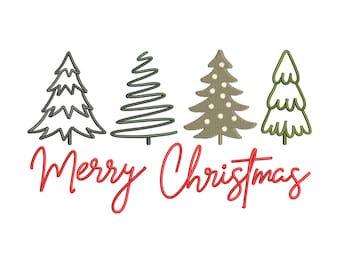 Merry Christmas Machine Embroidery Design, Winter Holiday Xmas Trees, 4 sizes, Instant Download