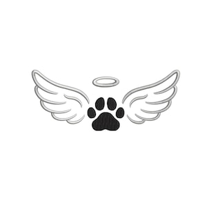 May include: A black paw print with a halo above it, surrounded by two white wings. This is a memorial symbol for a pet.